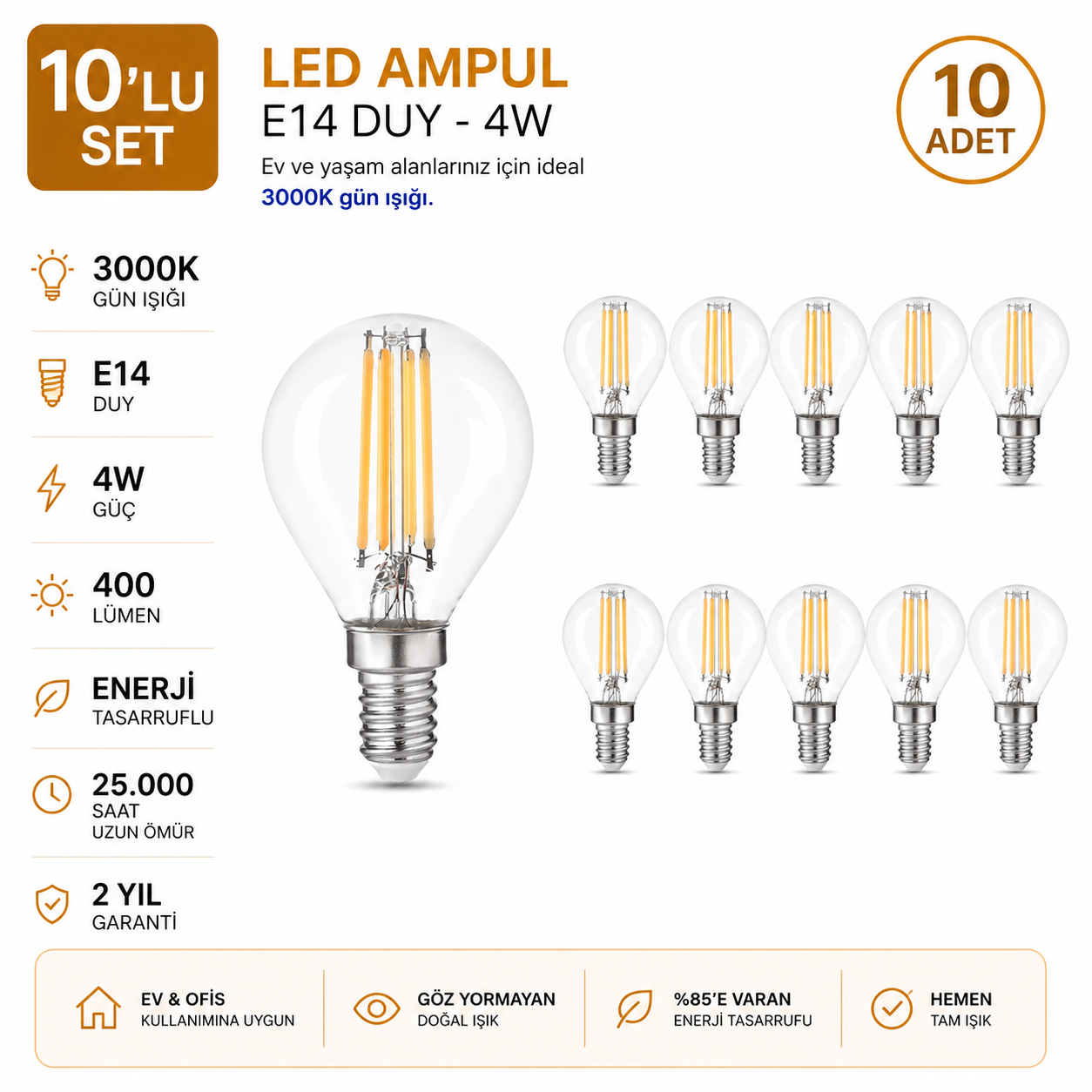 E-14 4 Watt 3000 K LED AMPUL - Top / 10'lu Set
