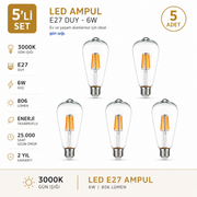 E-27 6 Watt 3000 K LED AMPUL - ST64 / 5'li Set